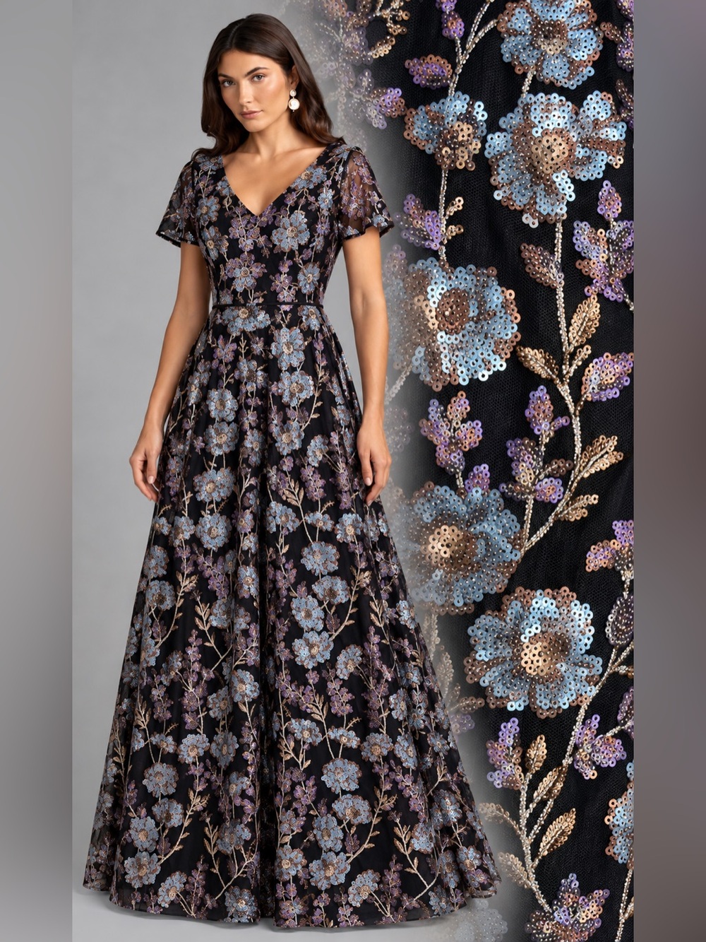 NWT Shani Botanical Sequin Embroidered Luxe $600 Gown Size 8